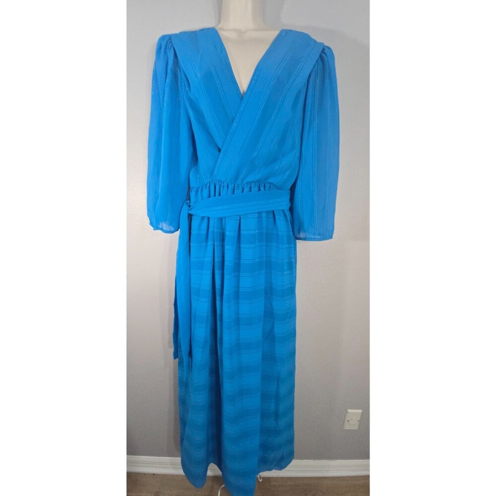 Vintage Miss Elliette blue textured maxi accordion dress Size 14 Excellent BC